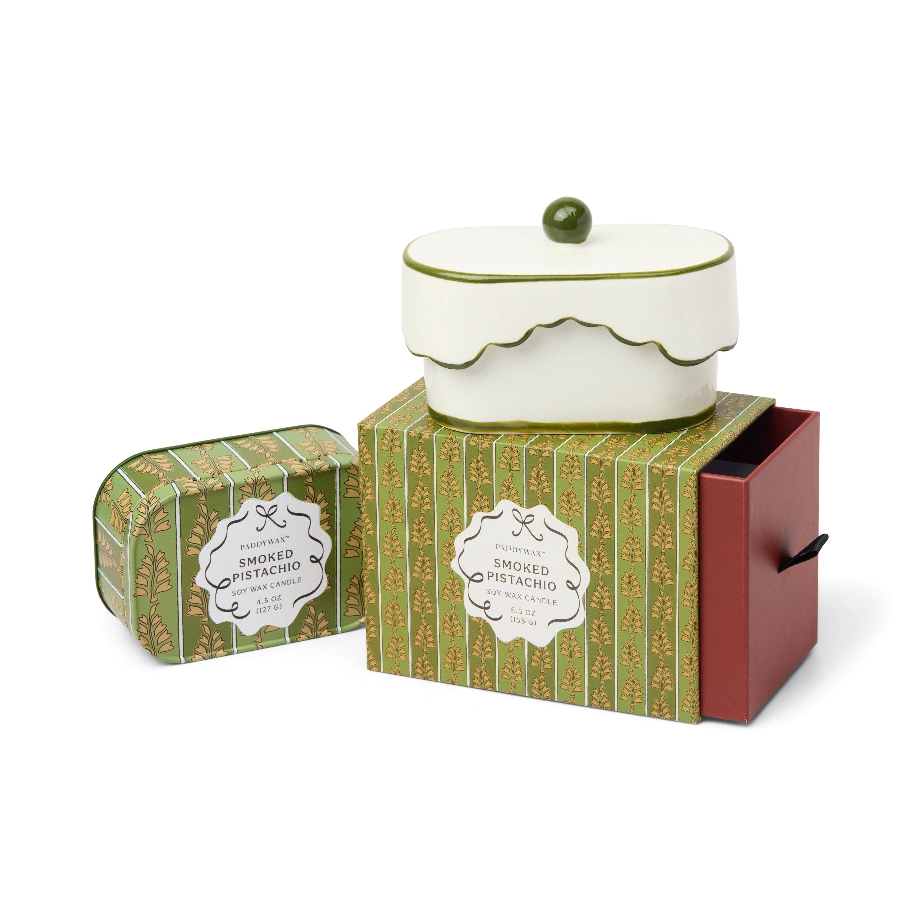 Cherie 4.5oz/127g Printed Tin Candle - Green & Khaki - Smoked Pistachio